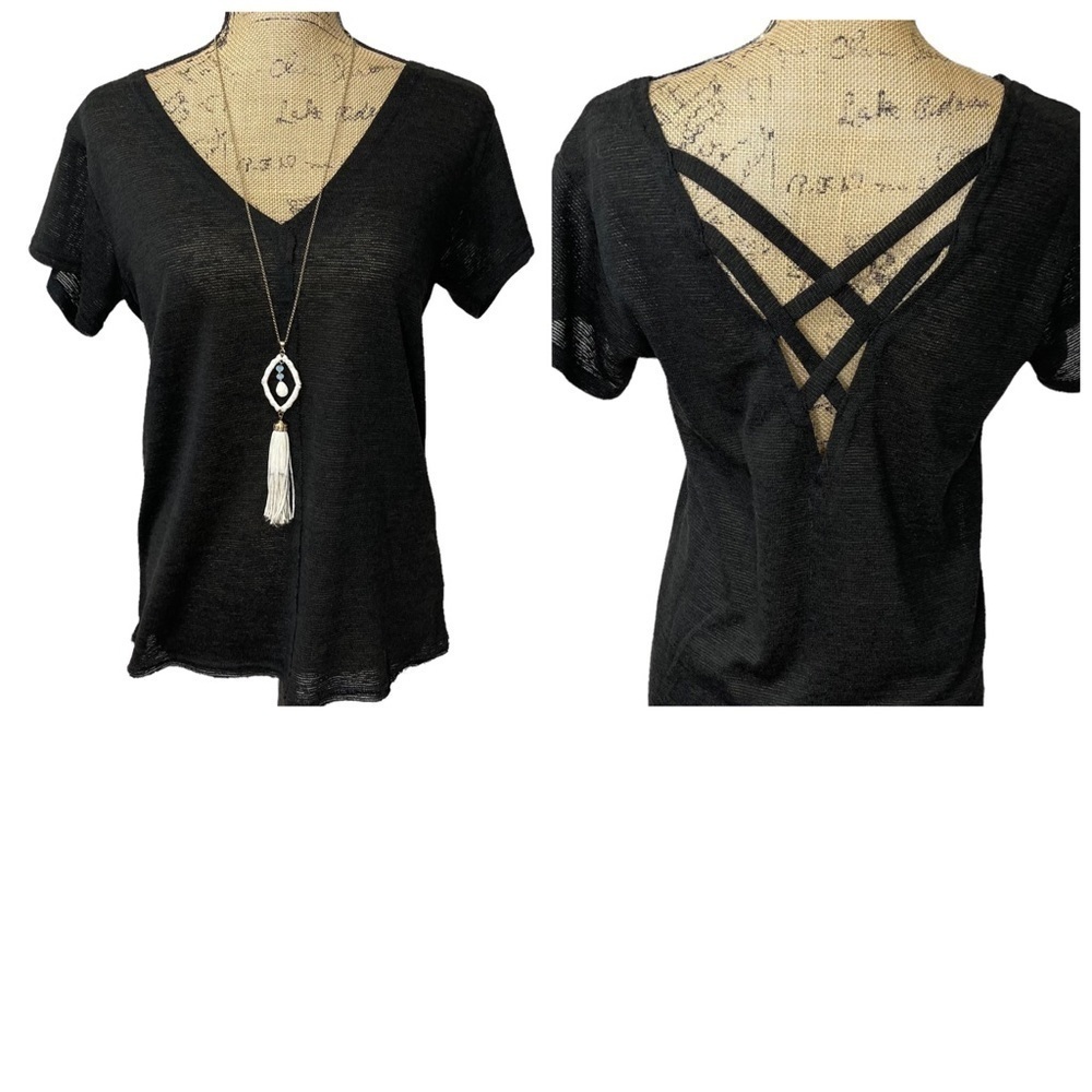Very J Boutique Criss Cross Back Raw Hem Boho Top - Picture 3 of 12